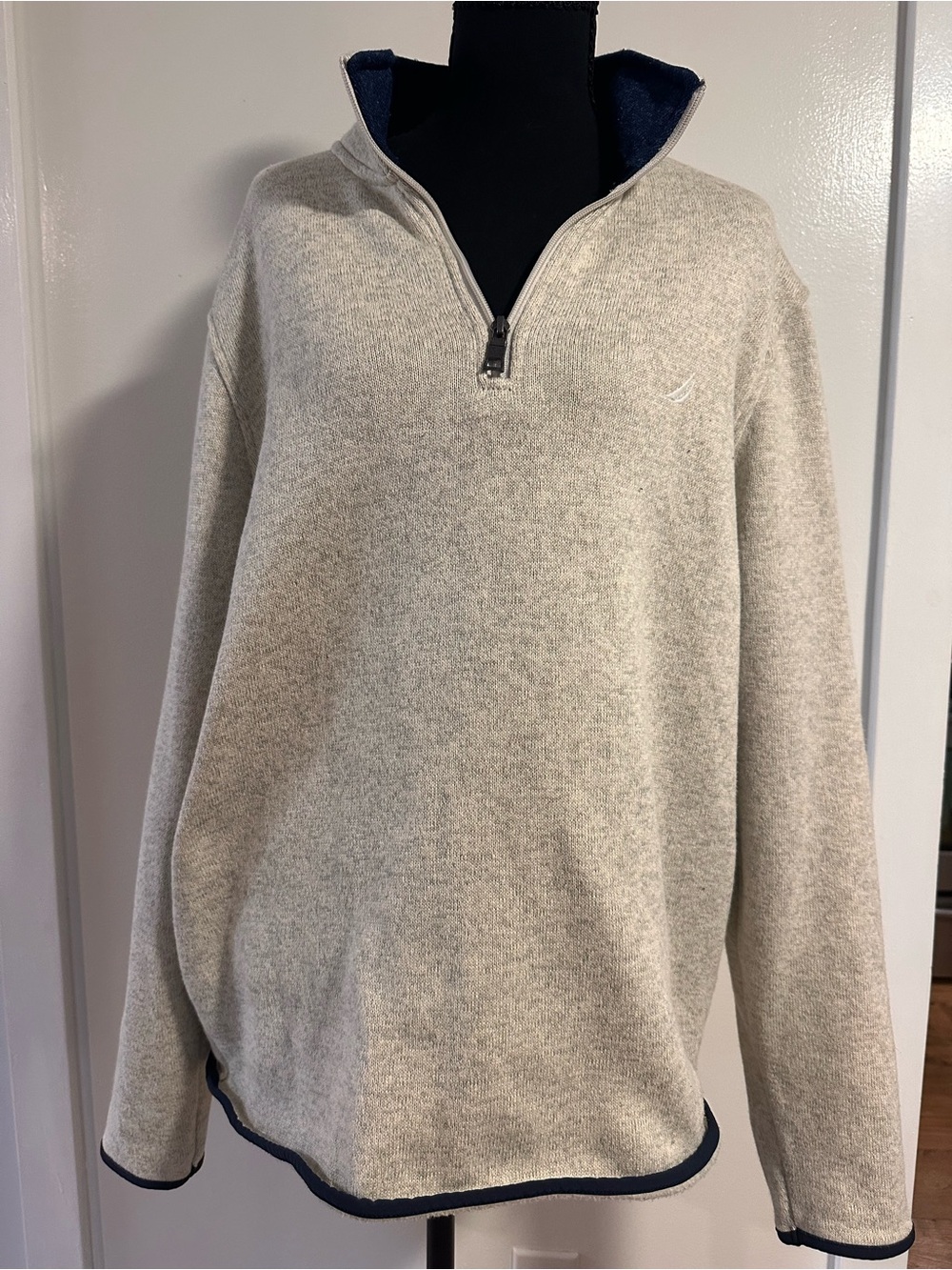 Nautica Heather Cream Lightweight Quarter-Zip with Navy Trim
